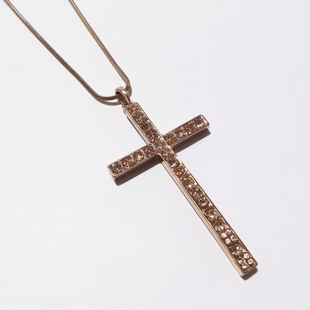 Large Gold Tone Rhinestone Cross Pendant Necklace 32 Inch - Picture 4 of 7